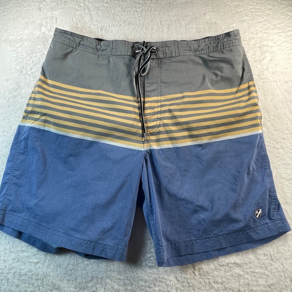 Cremieux Swimwear Mens XL Board Shorts Blue Gray Yellow Striped Swim Trunks Surf